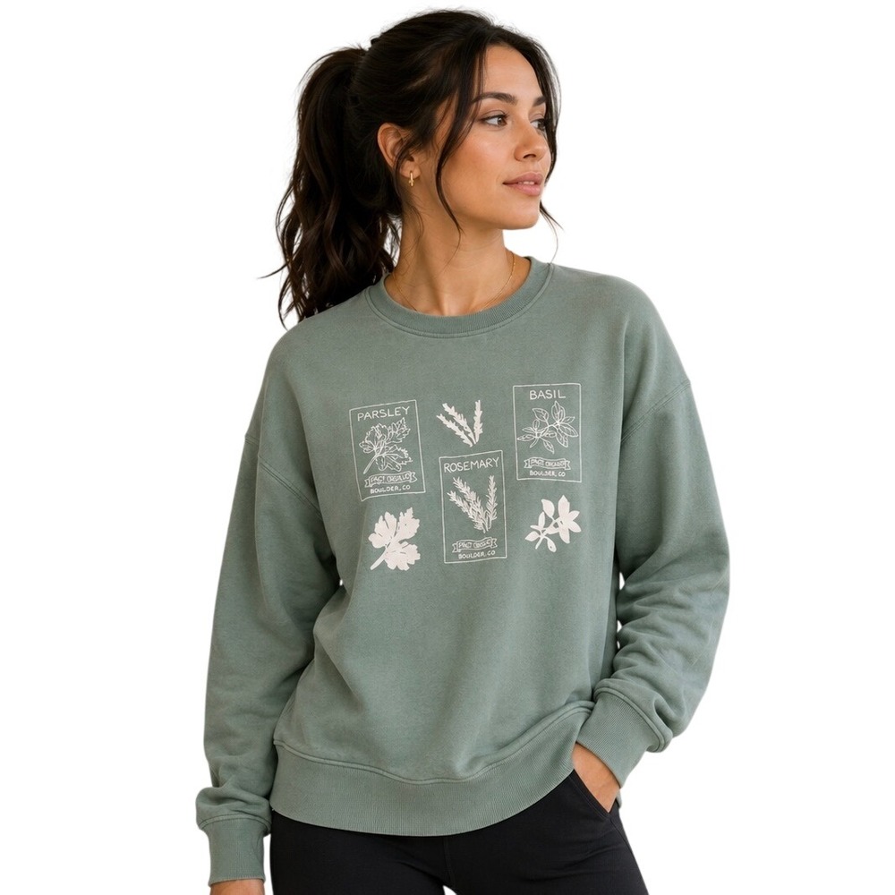 Pact Organic Cotton Sweatshirt Sage Green Herb Graphic Crewneck Women's Small